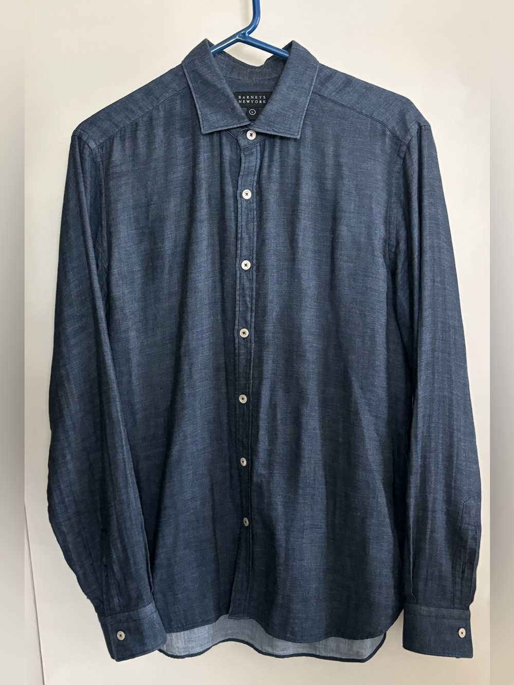 Barneys New York Mens Large Blue Button Down Long Sleeve Shirt Denim Color